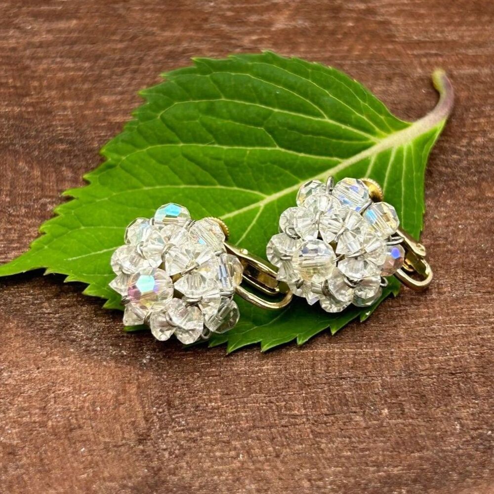 Vintage Vendome Gold Tone Aurora Borealis Crystal Bead Cluster Clip On Earrings